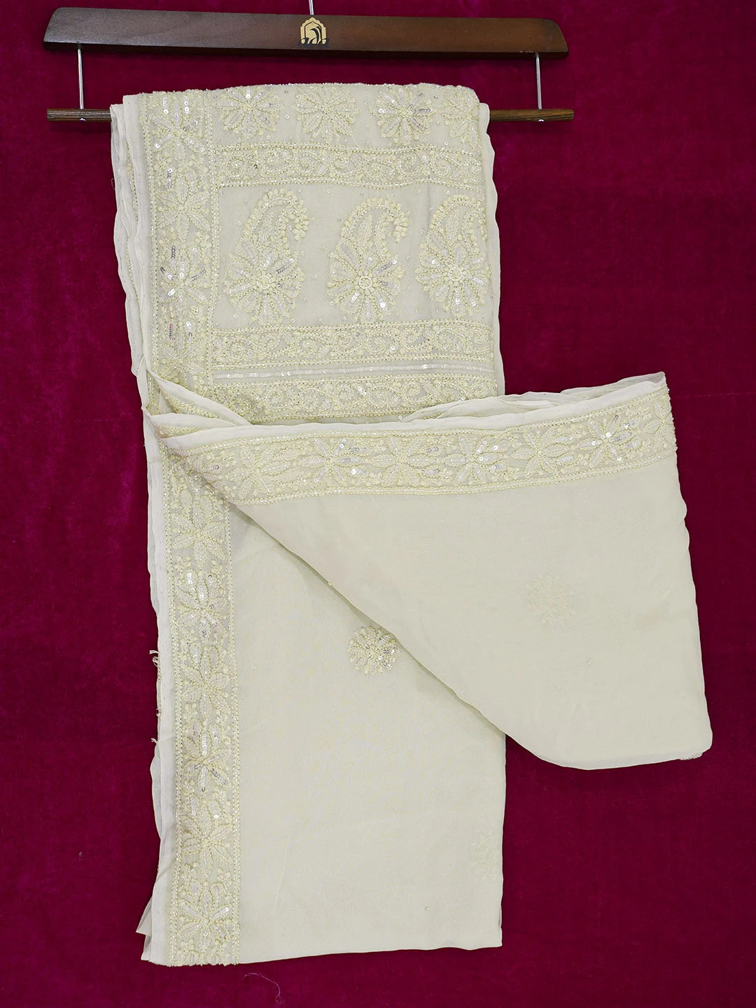 Ada Hand Embroidered Cornsilk White Viscose Georgette Lucknowi Chikankari Saree With Blouse And Cutdana Work 01A583842