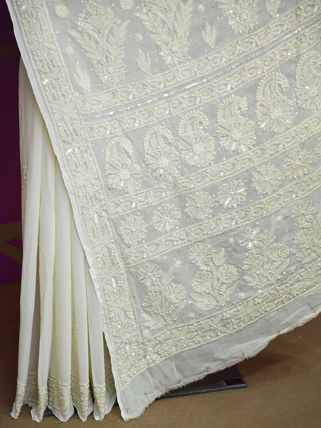 Ada Hand Embroidered Cornsilk White Viscose Georgette Lucknowi Chikankari Saree With Blouse And Cutdana Work 01A583842