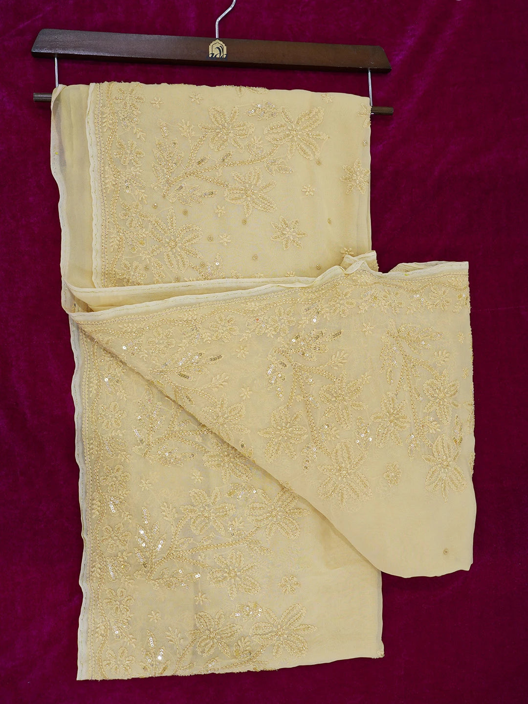 Ada Hand Embroidered Beige Viscose Georgette Lucknowi Chikankari Saree/Blouse with Sequinned and Cutdana Work 01A585091