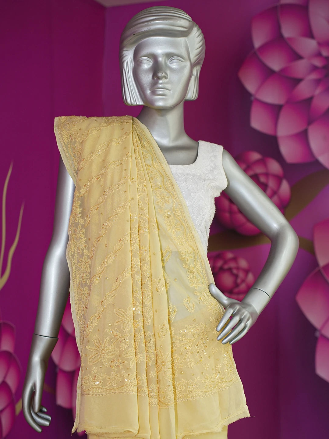Ada Hand Embroidered Beige Viscose Georgette Lucknowi Chikankari Saree/Blouse with Sequinned and Cutdana Work 01A585091