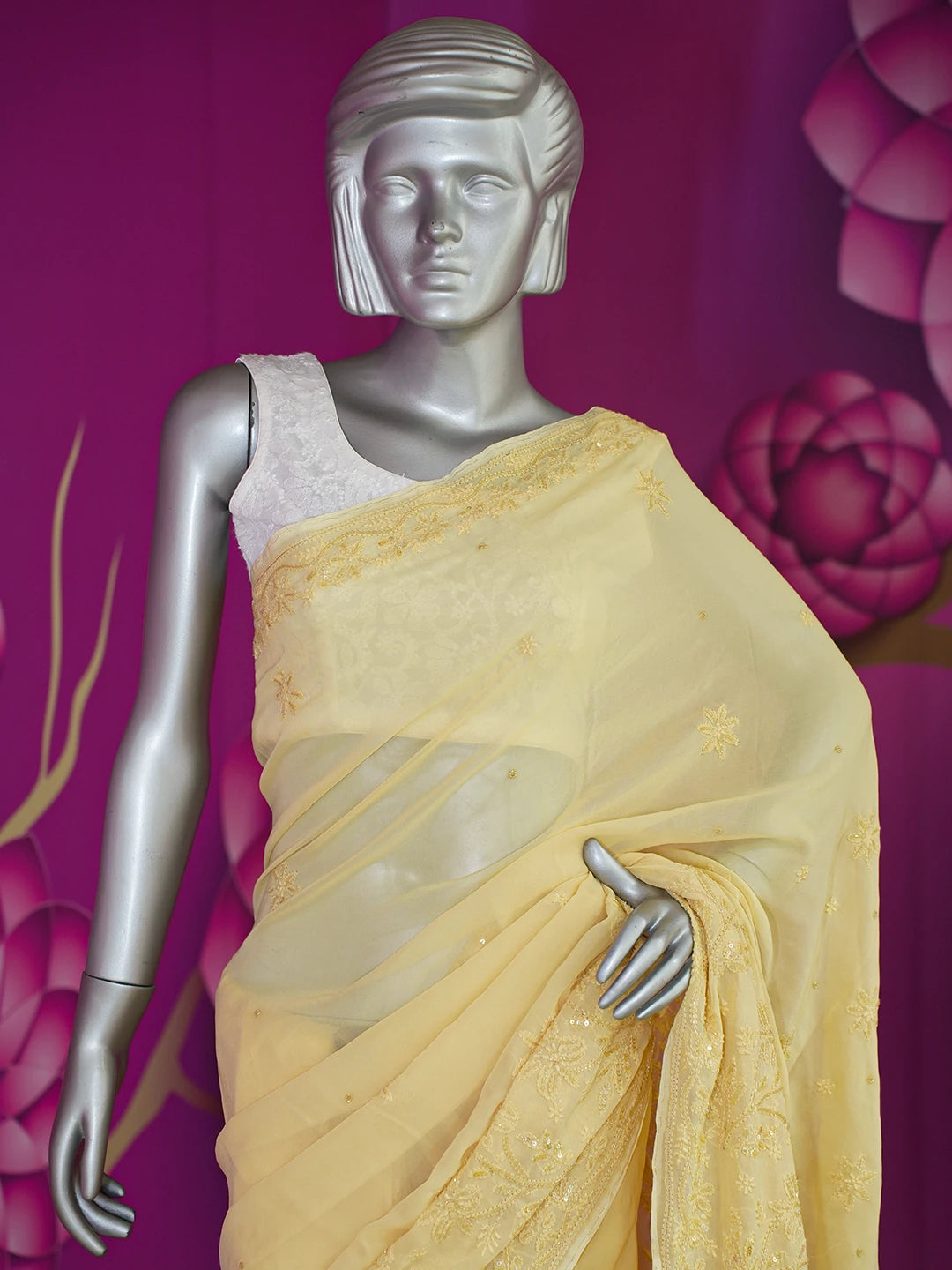 Ada Hand Embroidered Beige Viscose Georgette Lucknowi Chikankari Saree/Blouse with Sequinned and Cutdana Work 01A585091