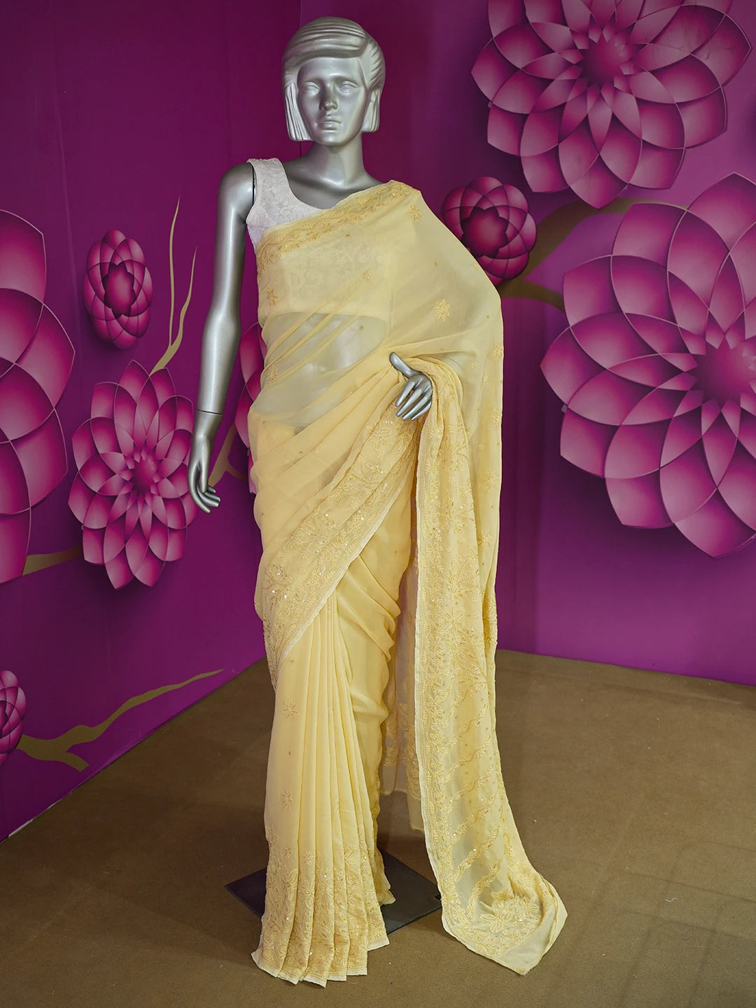 Ada Hand Embroidered Beige Viscose Georgette Lucknowi Chikankari Saree/Blouse with Sequinned and Cutdana Work 01A585091