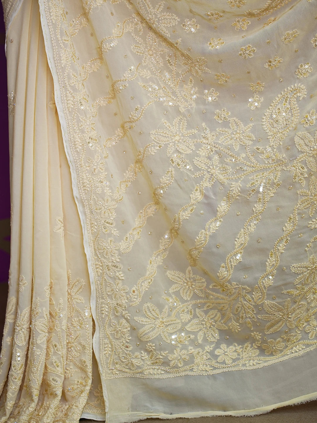 Ada Hand Embroidered Beige Viscose Georgette Lucknowi Chikankari Saree/Blouse with Sequinned and Cutdana Work 01A585091