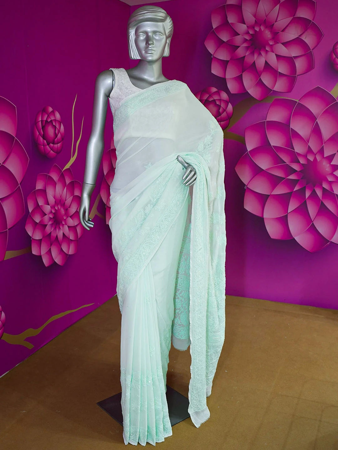 Ada Hand Embroidered Seafoam Green Viscose Georgette Lucknowi Chikankari Saree and Blouse With Cutdana Work 01A583844