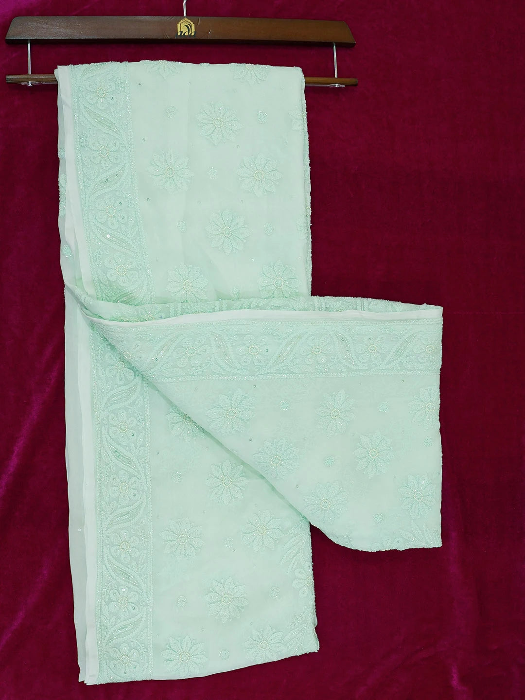 Ada Hand Embroidered Seafoam Green Viscose Georgette Lucknowi Chikankari Saree and Blouse With Cutdana Work 01A583844