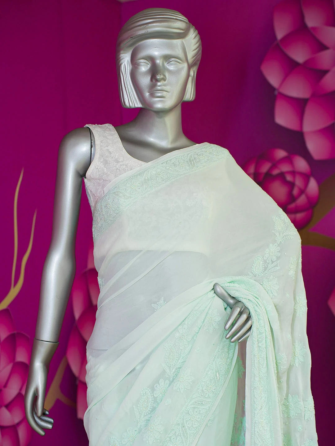 Ada Hand Embroidered Seafoam Green Viscose Georgette Lucknowi Chikankari Saree and Blouse With Cutdana Work 01A583844