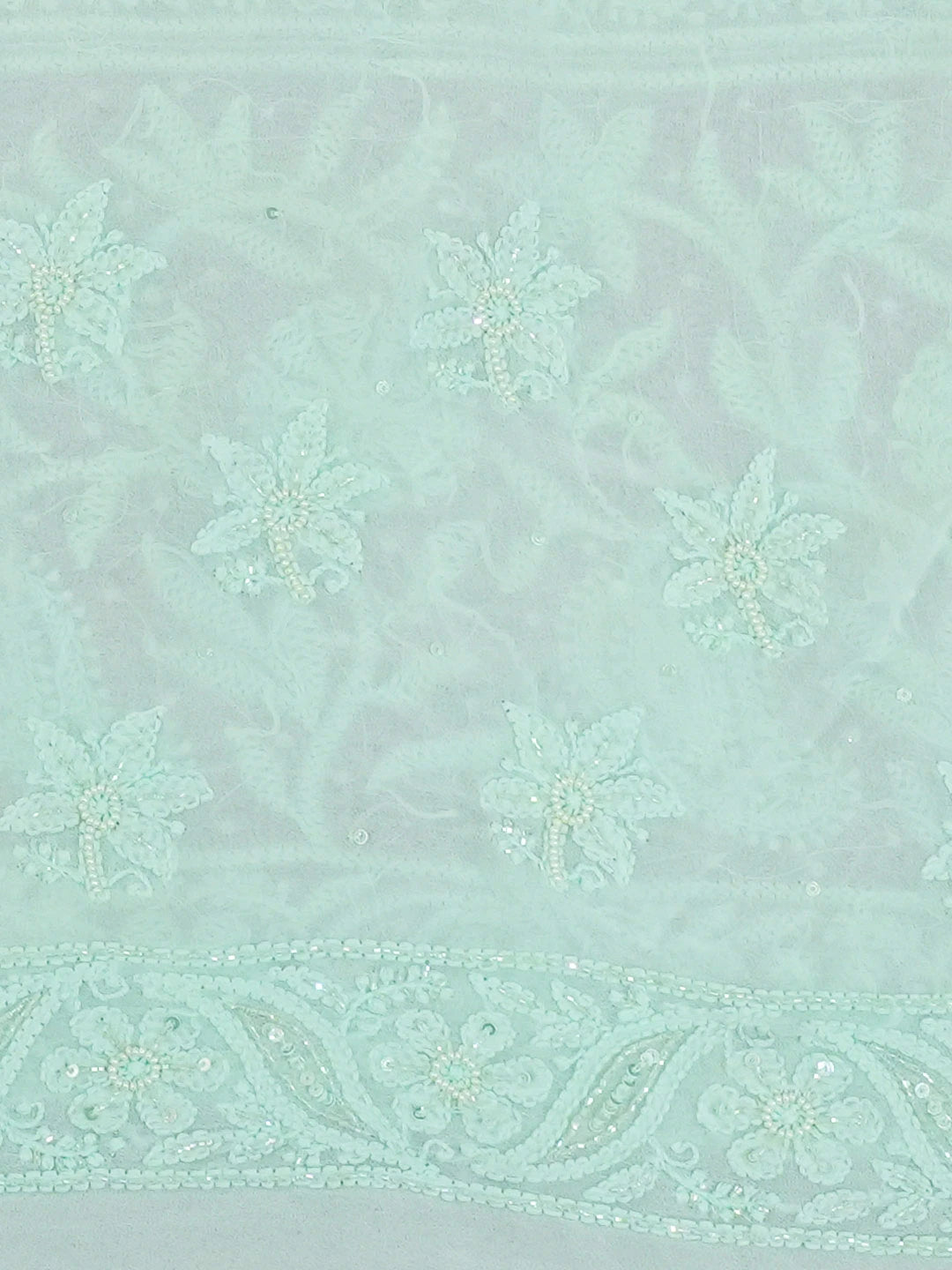 Ada Hand Embroidered Seafoam Green Viscose Georgette Lucknowi Chikankari Saree and Blouse With Cutdana Work 01A583844