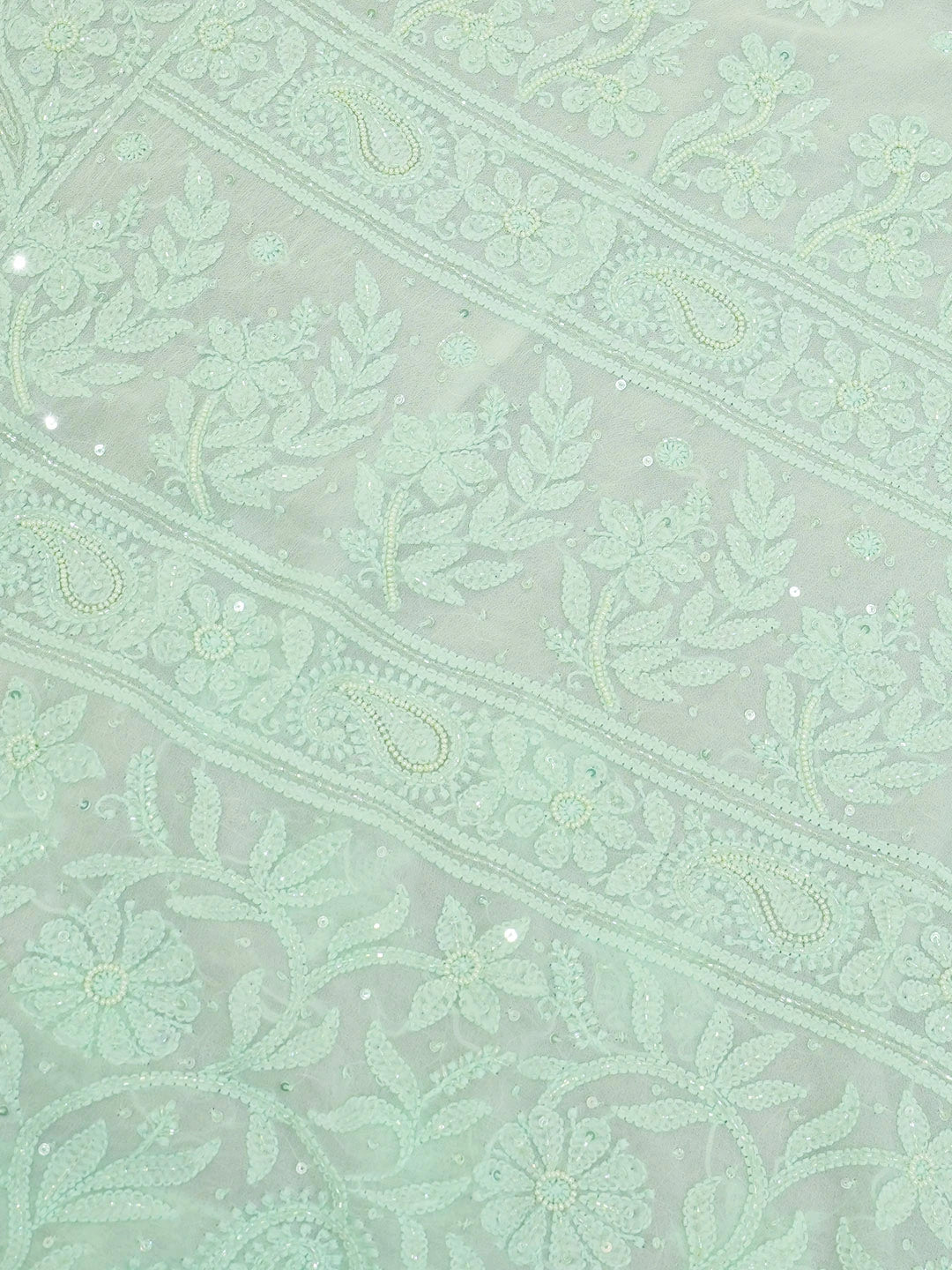 Ada Hand Embroidered Seafoam Green Viscose Georgette Lucknowi Chikankari Saree and Blouse With Cutdana Work 01A583844