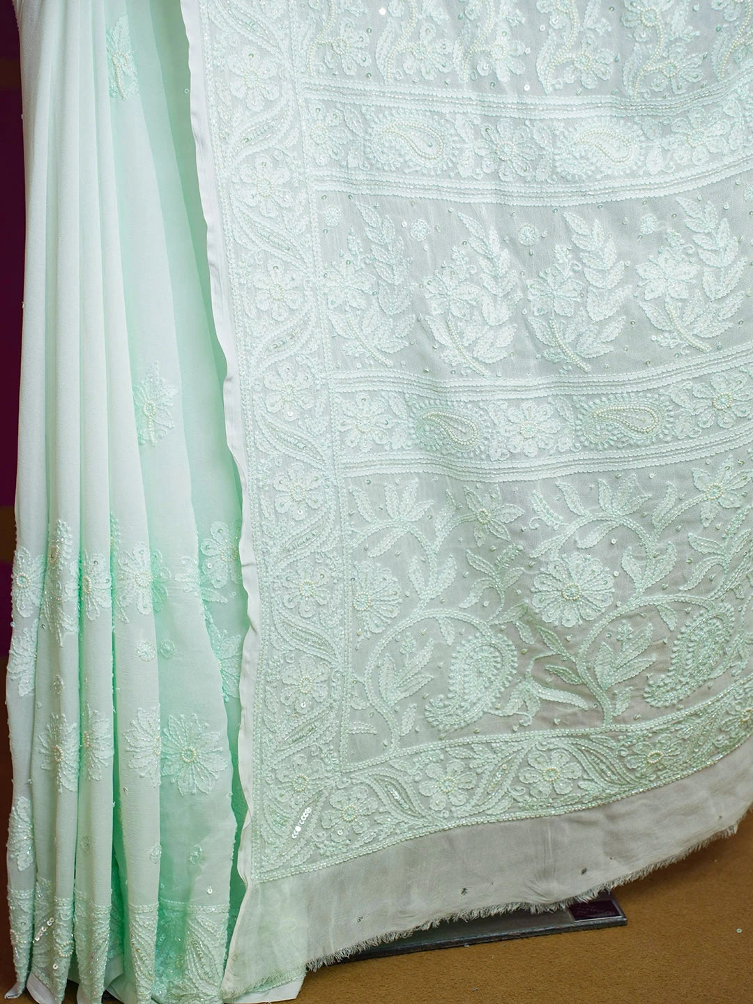 Ada Hand Embroidered Seafoam Green Viscose Georgette Lucknowi Chikankari Saree and Blouse With Cutdana Work 01A583844