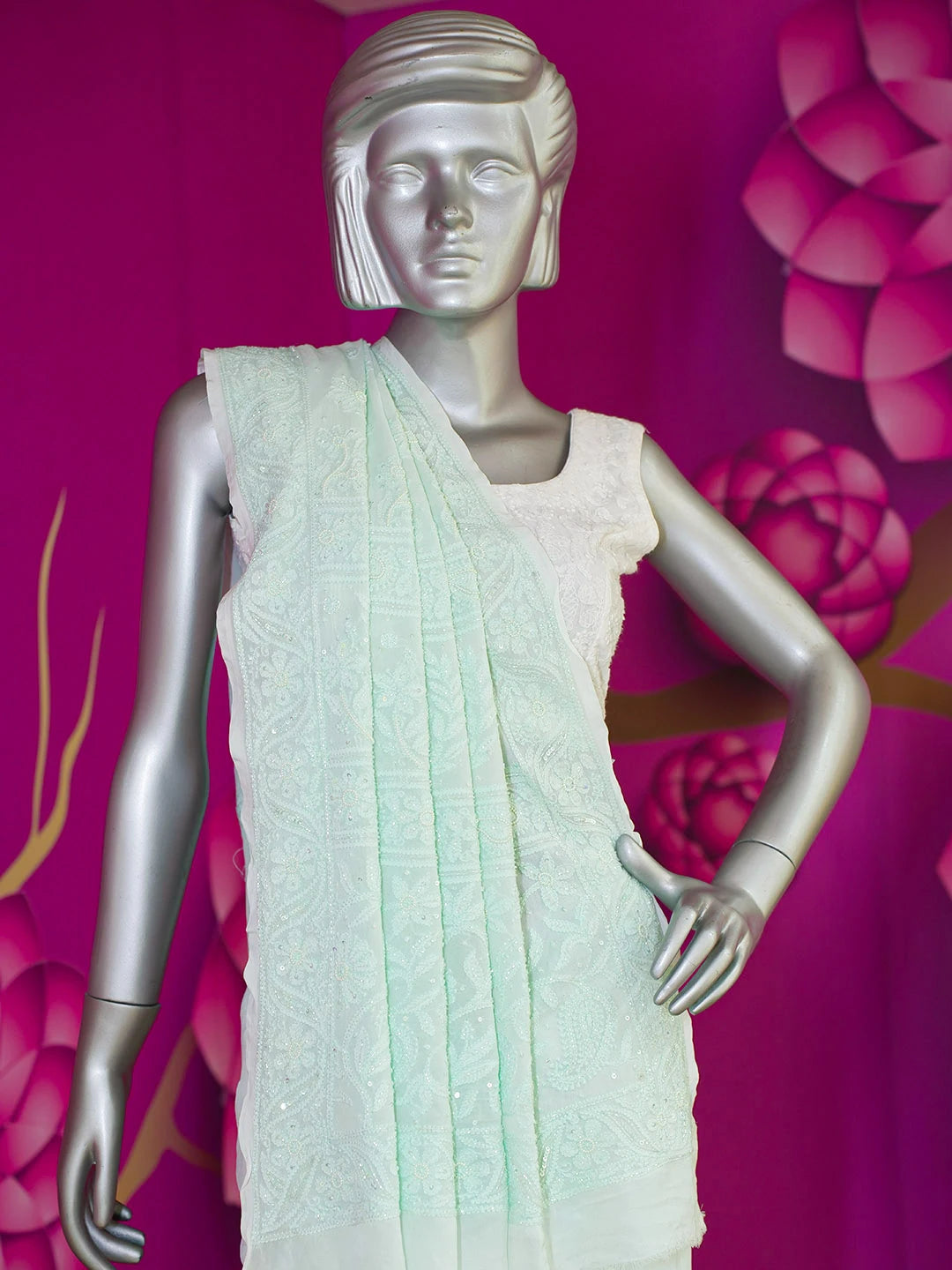 Ada Hand Embroidered Seafoam Green Viscose Georgette Lucknowi Chikankari Saree and Blouse With Cutdana Work 01A583844