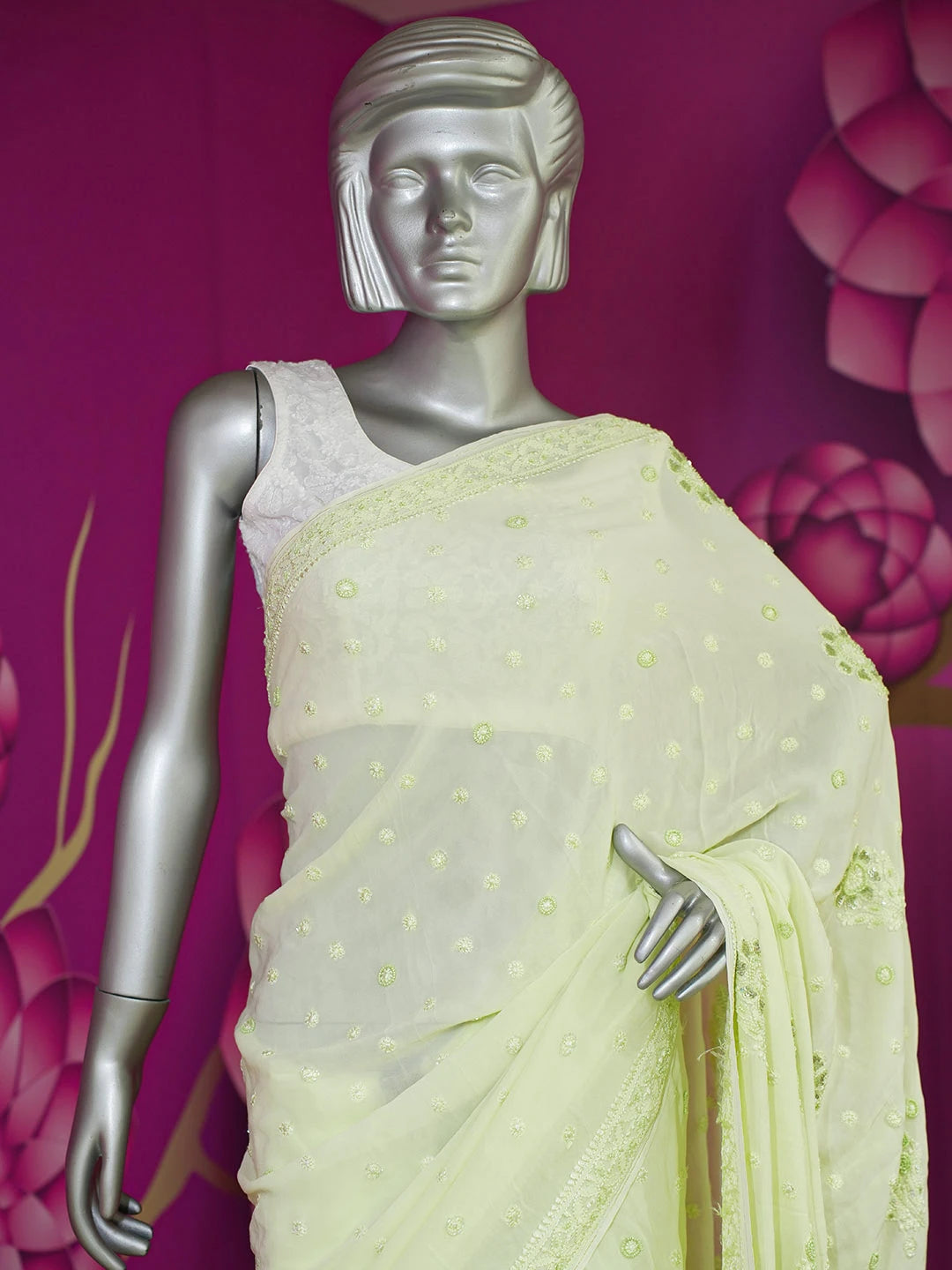Ada Hand Embroidered Lime Green Viscose Georgette Lucknowi Chikankari Saree and Blouse With Pearl Work 01A603546