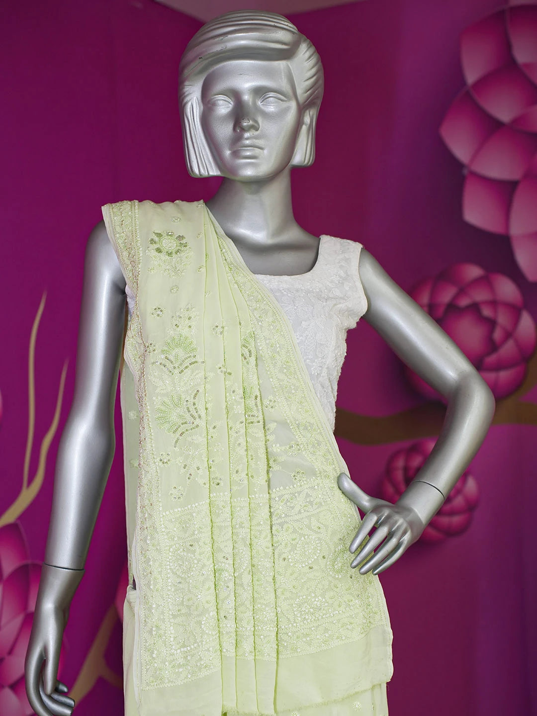 Ada Hand Embroidered Lime Green Viscose Georgette Lucknowi Chikankari Saree and Blouse With Pearl Work 01A603546