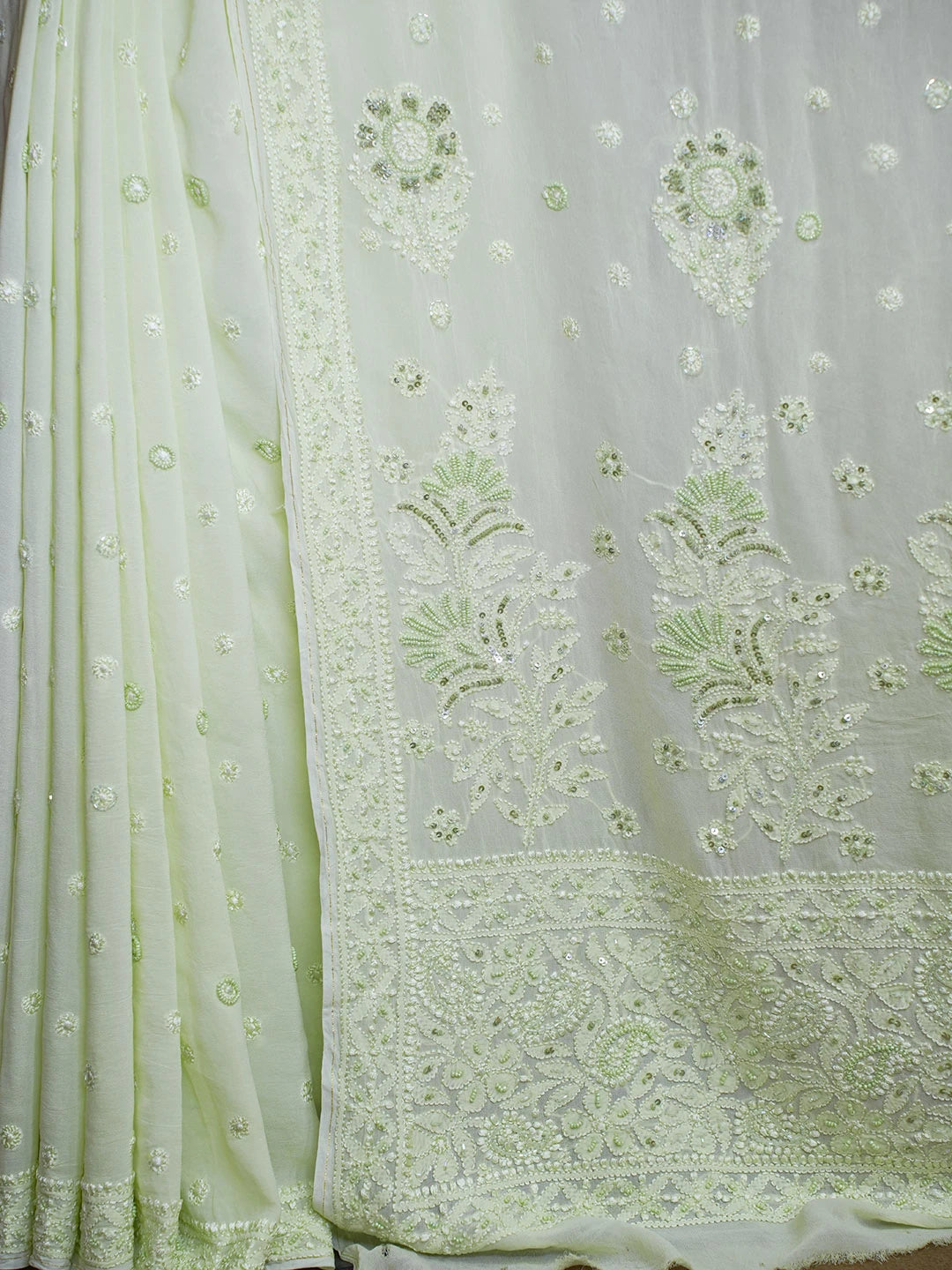 Ada Hand Embroidered Lime Green Viscose Georgette Lucknowi Chikankari Saree and Blouse With Pearl Work 01A603546