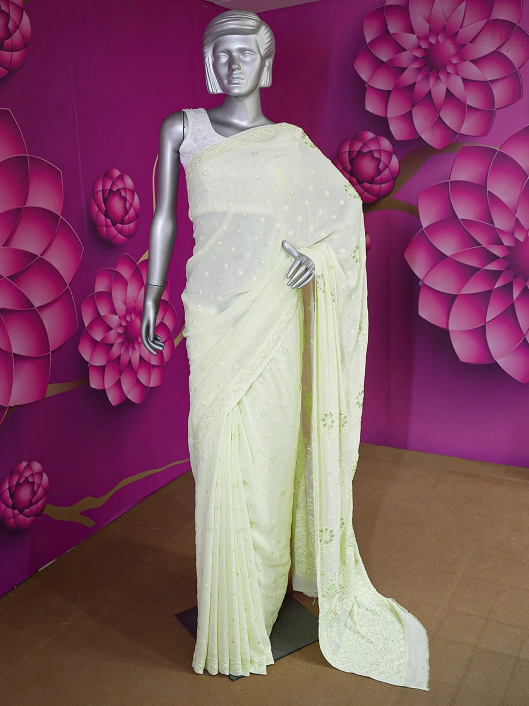 Ada Hand Embroidered Lime Green Viscose Georgette Lucknowi Chikankari Saree and Blouse With Pearl Work 01A603546