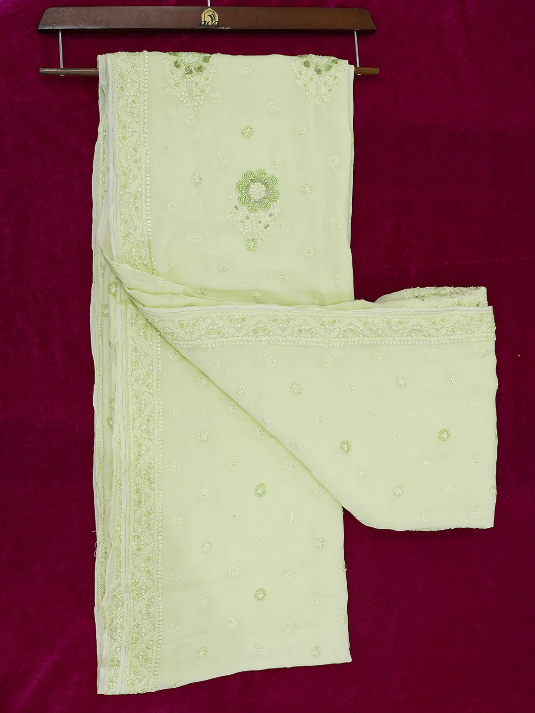 Ada Hand Embroidered Lime Green Viscose Georgette Lucknowi Chikankari Saree and Blouse With Pearl Work 01A603546
