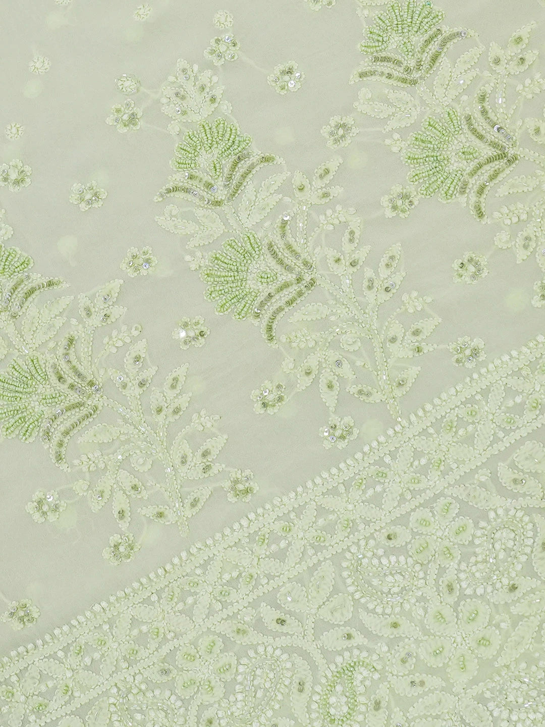 Ada Hand Embroidered Lime Green Viscose Georgette Lucknowi Chikankari Saree and Blouse With Pearl Work 01A603546