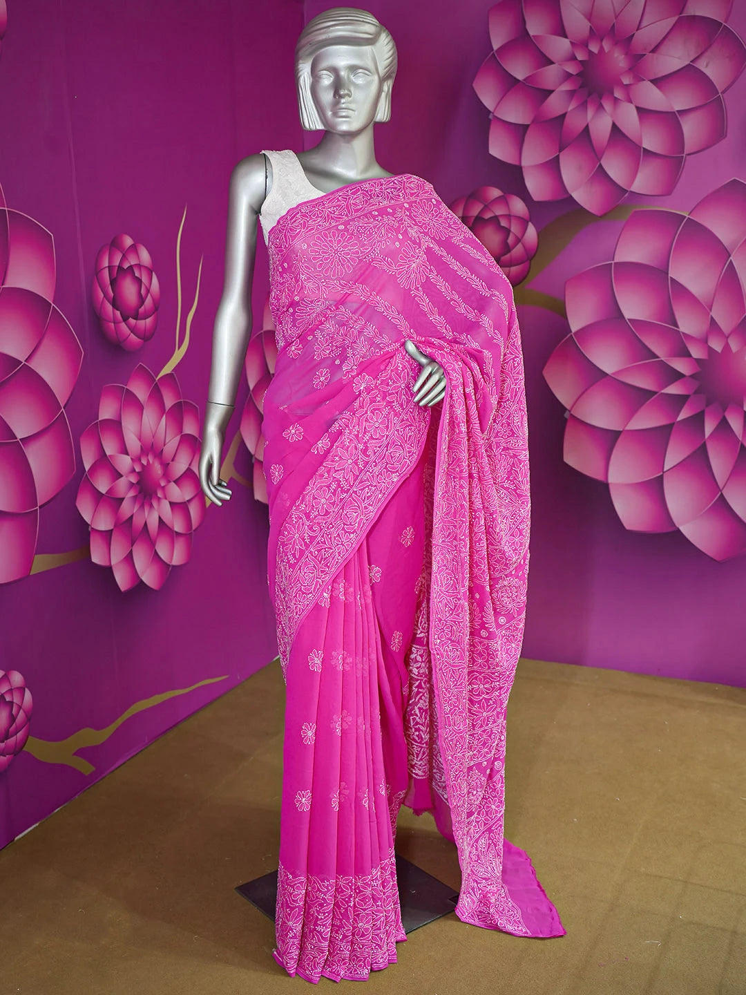 Ada Hand Embroidered Magenta Pure Georgette Lucknowi Chikankari Saree and Blouse 01A551964