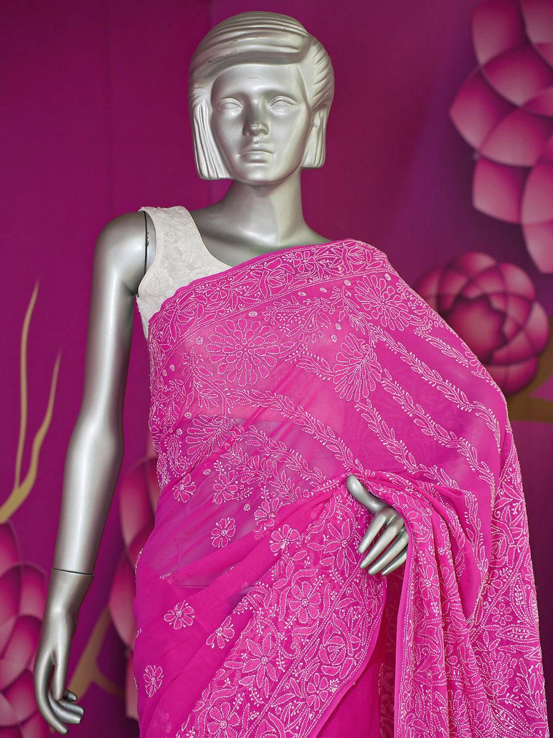 Ada Hand Embroidered Magenta Pure Georgette Lucknowi Chikankari Saree and Blouse 01A551964