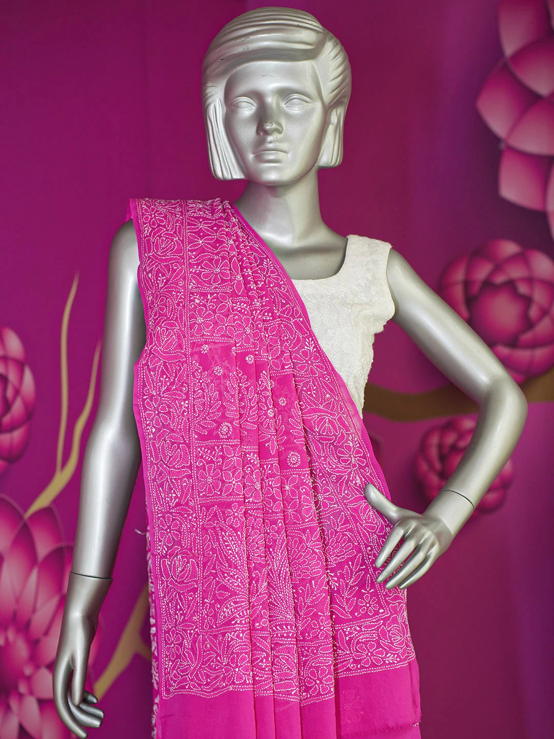 Ada Hand Embroidered Magenta Pure Georgette Lucknowi Chikankari Saree and Blouse 01A551964