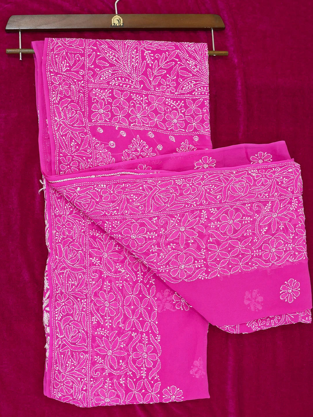 Ada Hand Embroidered Magenta Pure Georgette Lucknowi Chikankari Saree and Blouse 01A551964