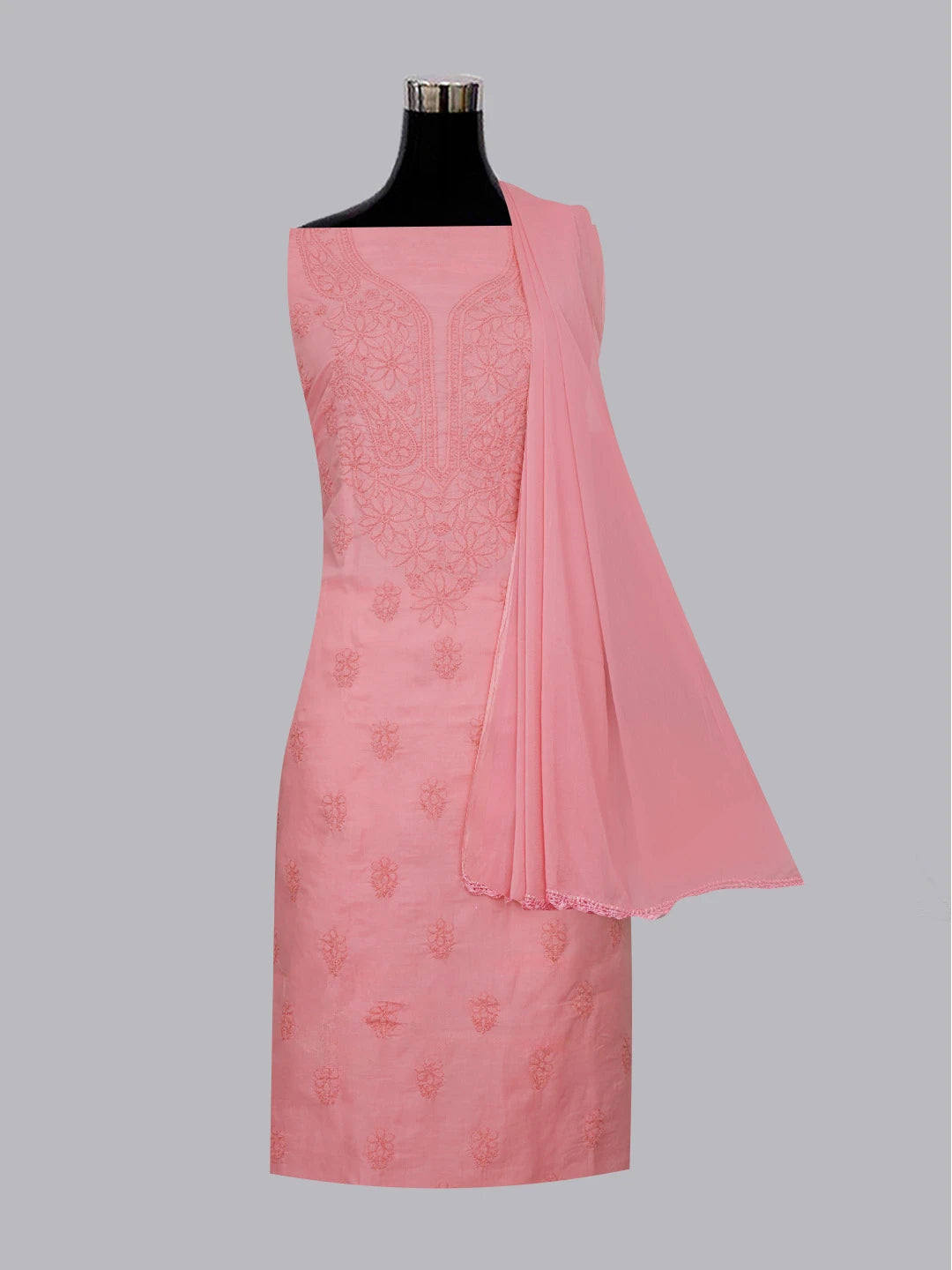 Ada Hand Embroidered Onion Pink Cotton Lucknowi Chikankari Unstitched Suit Set 01A602430