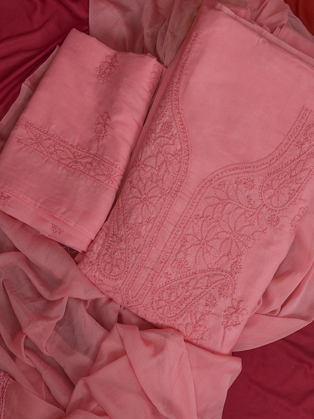 Ada Hand Embroidered Onion Pink Cotton Lucknowi Chikankari Unstitched Suit Set 01A602430