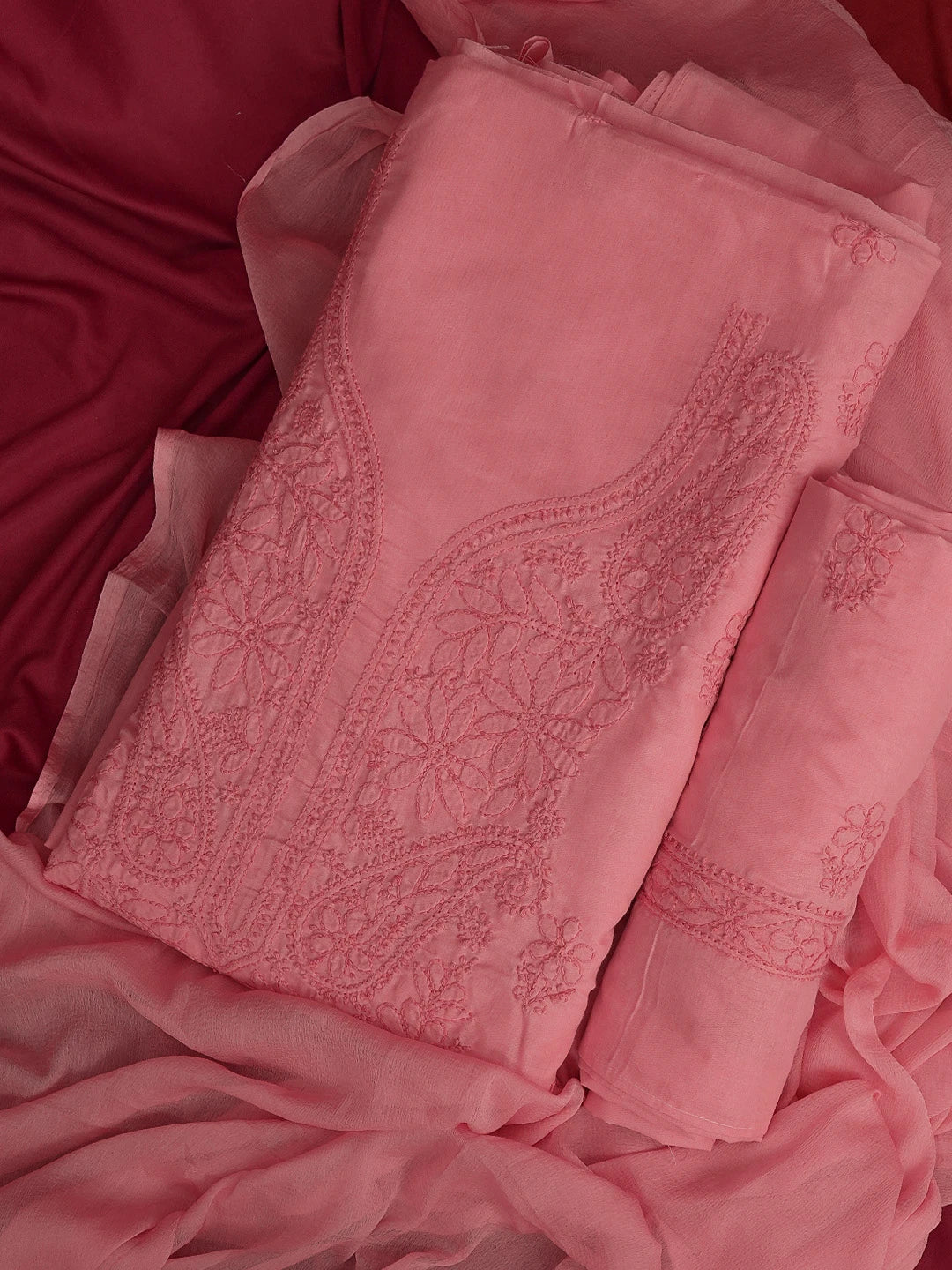 Ada Hand Embroidered Onion Pink Cotton Lucknowi Chikankari Unstitched Suit Set 01A602430