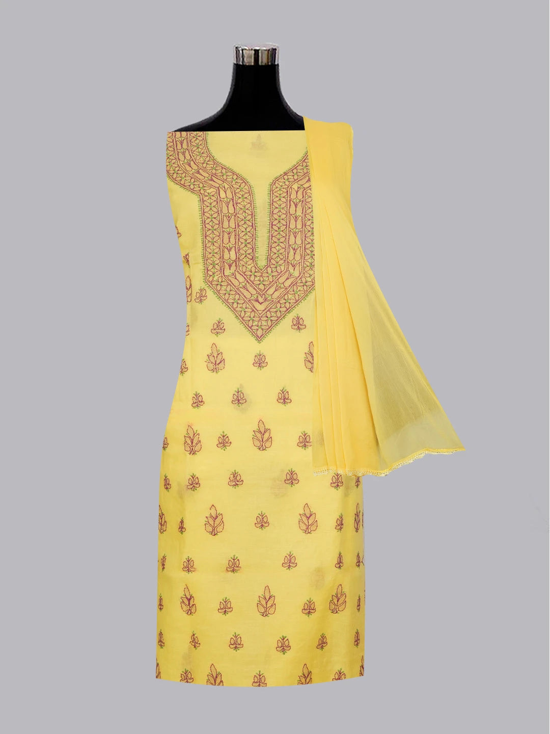 Ada Hand Embroidered Yellow Cotton Lucknowi Chikankari Unstitched Suit Set 01A605935