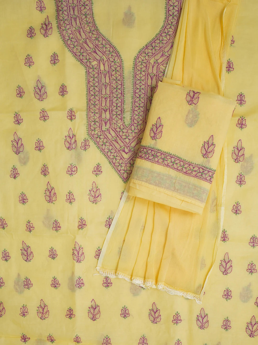 Ada Hand Embroidered Yellow Cotton Lucknowi Chikankari Unstitched Suit Set 01A605935