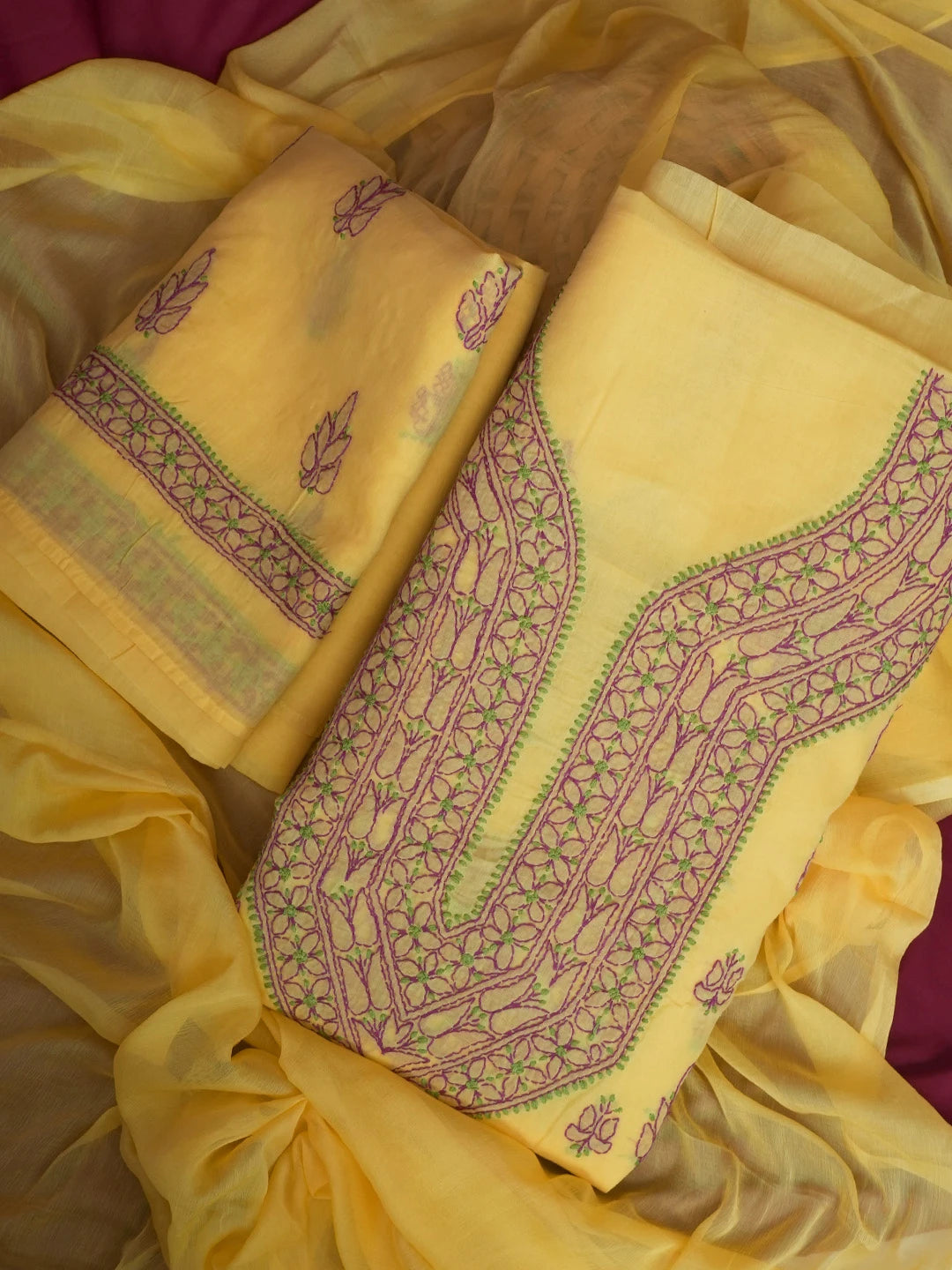Ada Hand Embroidered Yellow Cotton Lucknowi Chikankari Unstitched Suit Set 01A605935