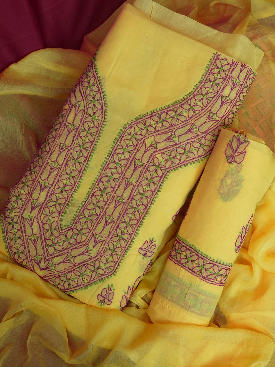 Ada Hand Embroidered Yellow Cotton Lucknowi Chikankari Unstitched Suit Set 01A605935