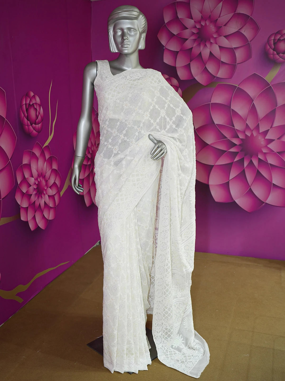 Ada Hand Embroidered White Viscose Georgette Lucknowi Chikankari Saree and Blouse With Pearl Work 01A591602