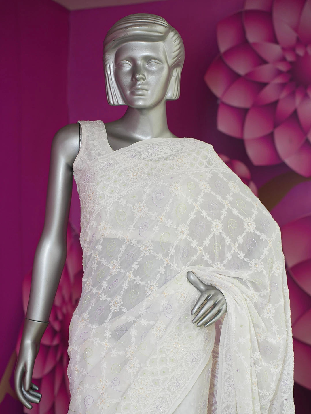 Ada Hand Embroidered White Viscose Georgette Lucknowi Chikankari Saree and Blouse With Pearl Work 01A591602