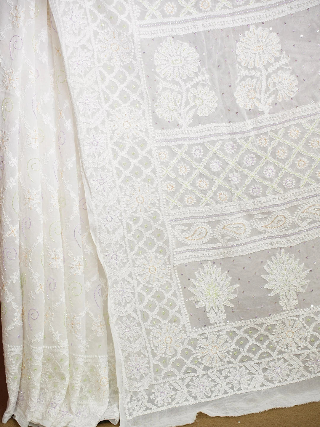 Ada Hand Embroidered White Viscose Georgette Lucknowi Chikankari Saree and Blouse With Pearl Work 01A591602