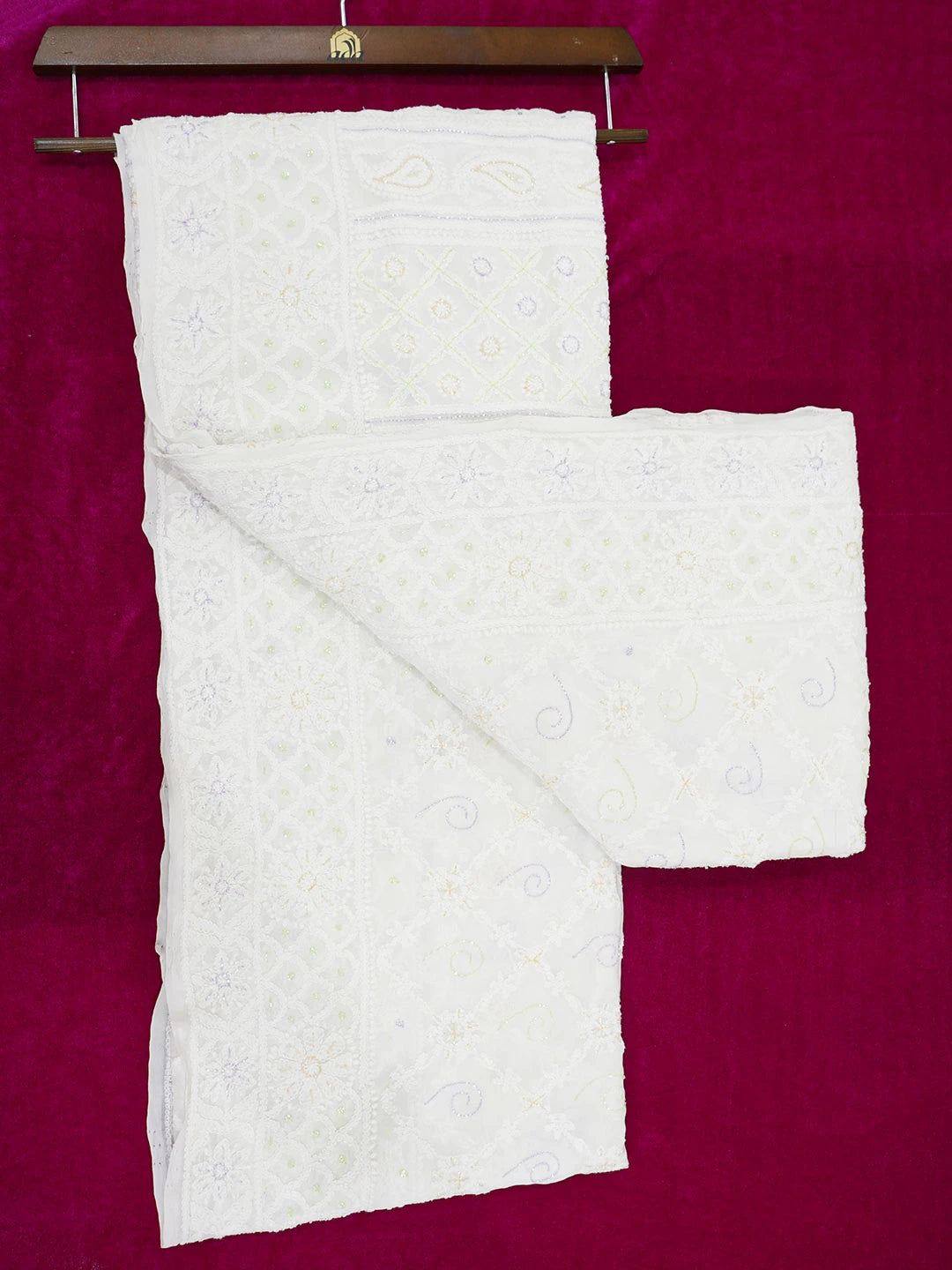 Ada Hand Embroidered White Viscose Georgette Lucknowi Chikankari Saree and Blouse With Pearl Work 01A591602