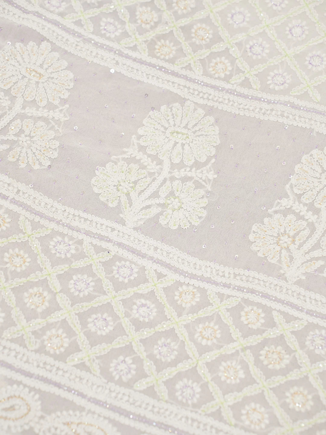 Ada Hand Embroidered White Viscose Georgette Lucknowi Chikankari Saree and Blouse With Pearl Work 01A591602
