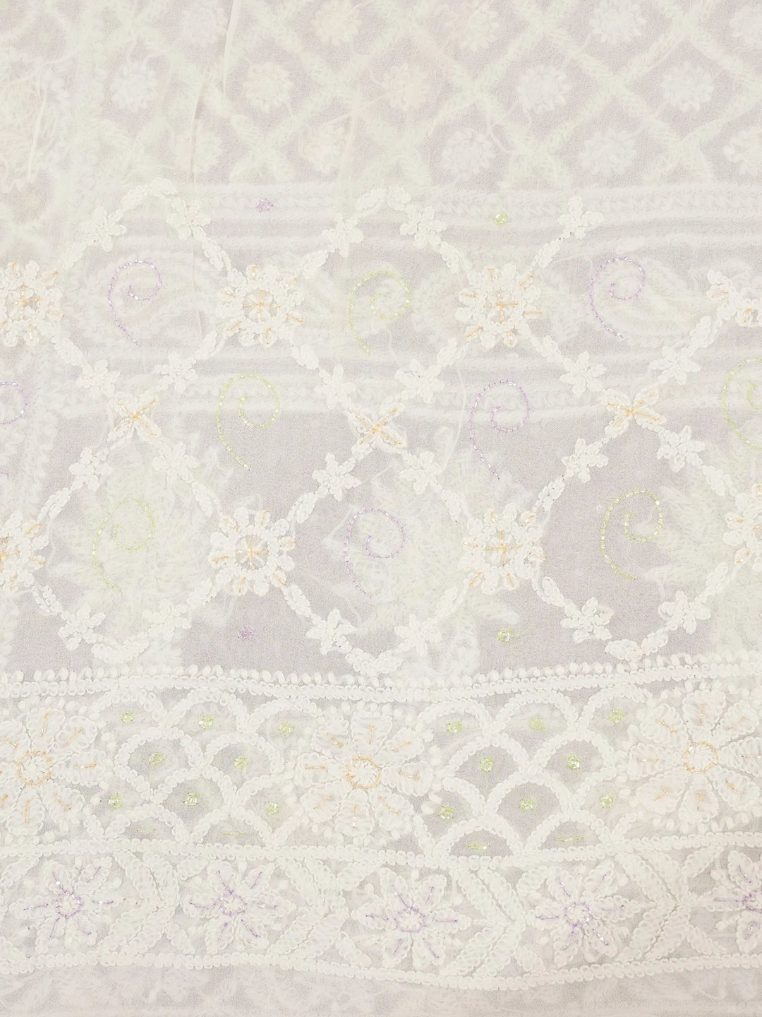 Ada Hand Embroidered White Viscose Georgette Lucknowi Chikankari Saree and Blouse With Pearl Work 01A591602