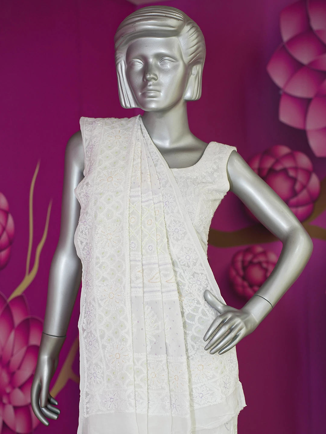 Ada Hand Embroidered White Viscose Georgette Lucknowi Chikankari Saree and Blouse With Pearl Work 01A591602