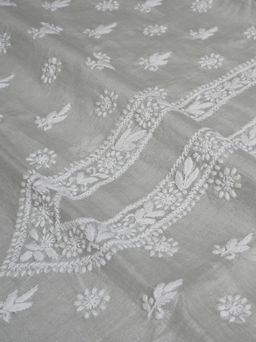 Ada Hand Embroidered Grey Tissue Lucknowi Chikankari Men's Kurta Piece 01A604553
