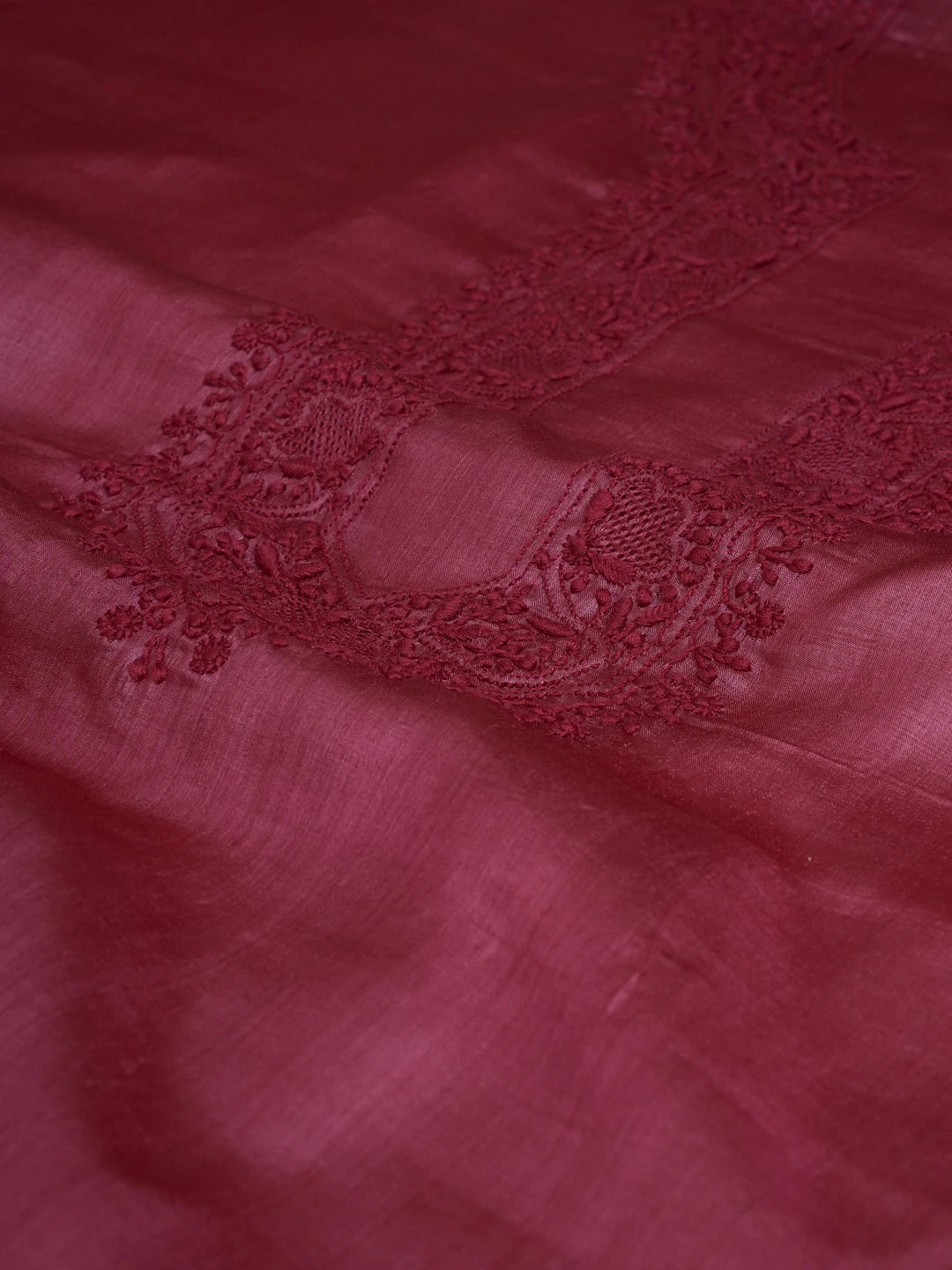 Ada Hand Embroidered Maroon Silk Lucknowi Chikankari Men's Kurta Piece 01A584548