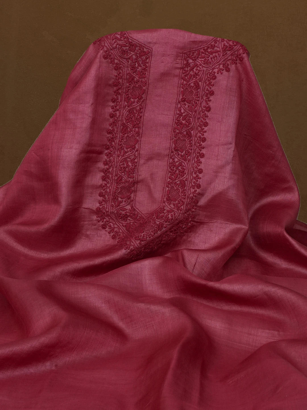 Ada Hand Embroidered Maroon Silk Lucknowi Chikankari Men's Kurta Piece 01A584548