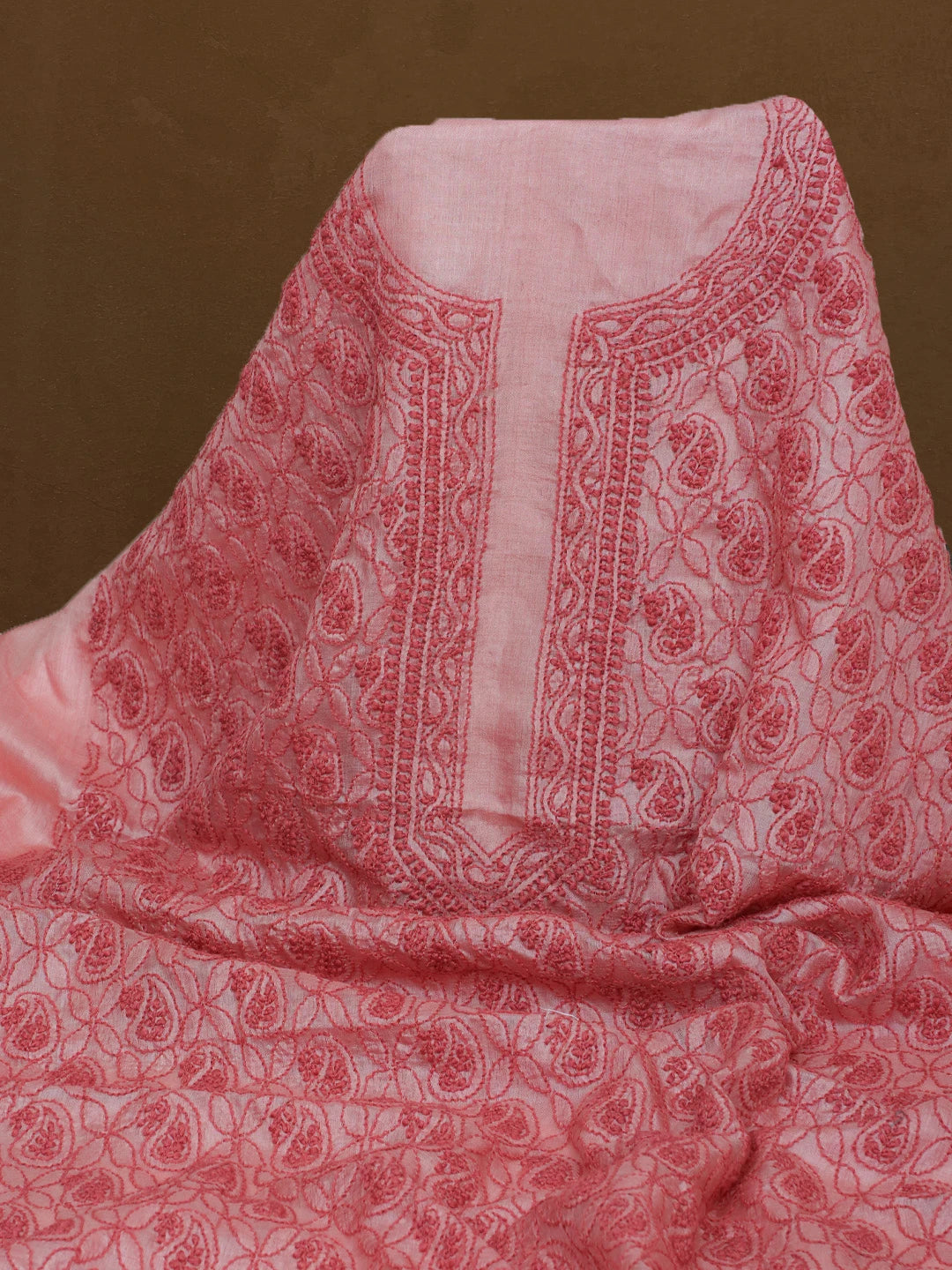 Ada Hand Embroidered Carrot Pink Silk Lucknowi Chikankari Men's Kurta Piece 01A584600