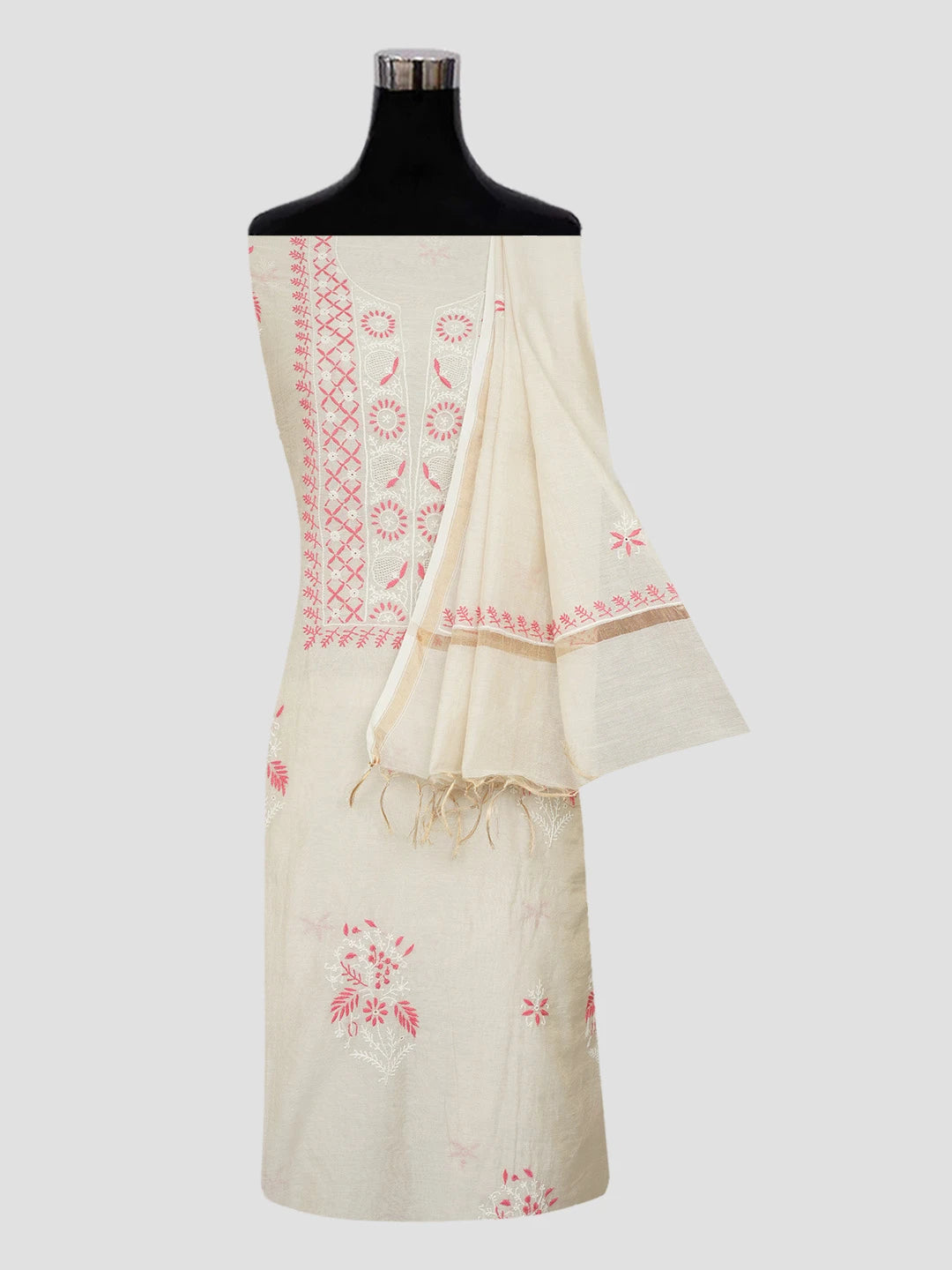 Ada Hand Embroidered Fawn Tissue Lucknowi Chikankari Unstitched Kurta Dupatta Set 01A396351