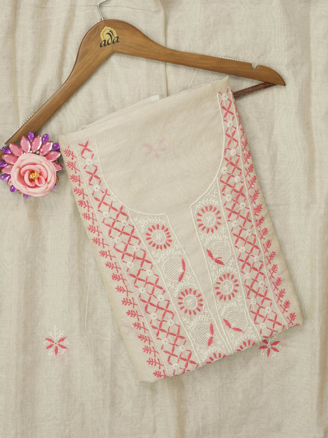 Ada Hand Embroidered Fawn Tissue Lucknowi Chikankari Unstitched Kurta Dupatta Set 01A396351