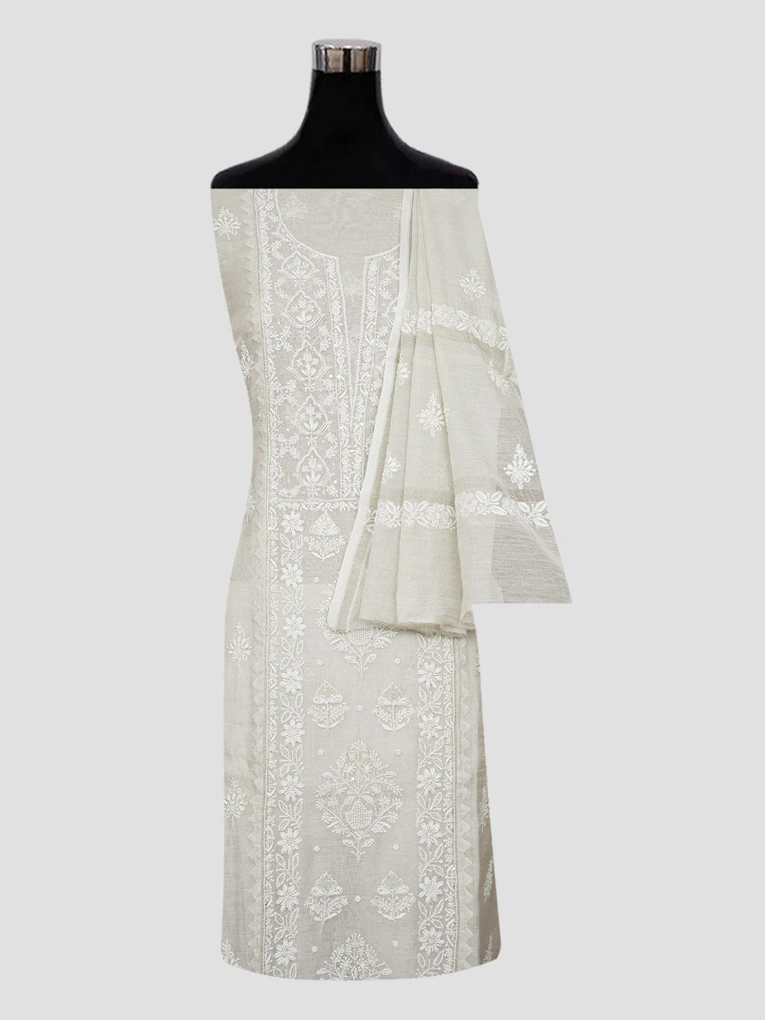 Ada Hand Embroidered Grey Tissue Lucknowi Chikankari Unstitched Kurta Dupatta Set With Pearl Work 01A604673