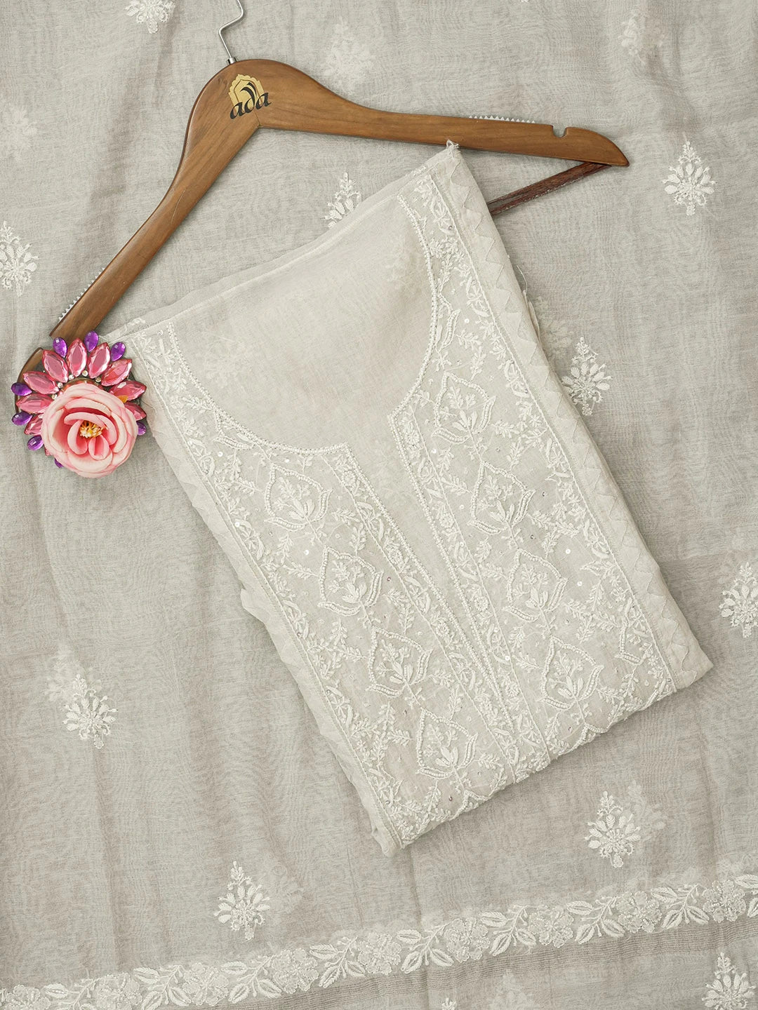 Ada Hand Embroidered Grey Tissue Lucknowi Chikankari Unstitched Kurta Dupatta Set With Pearl Work 01A604673