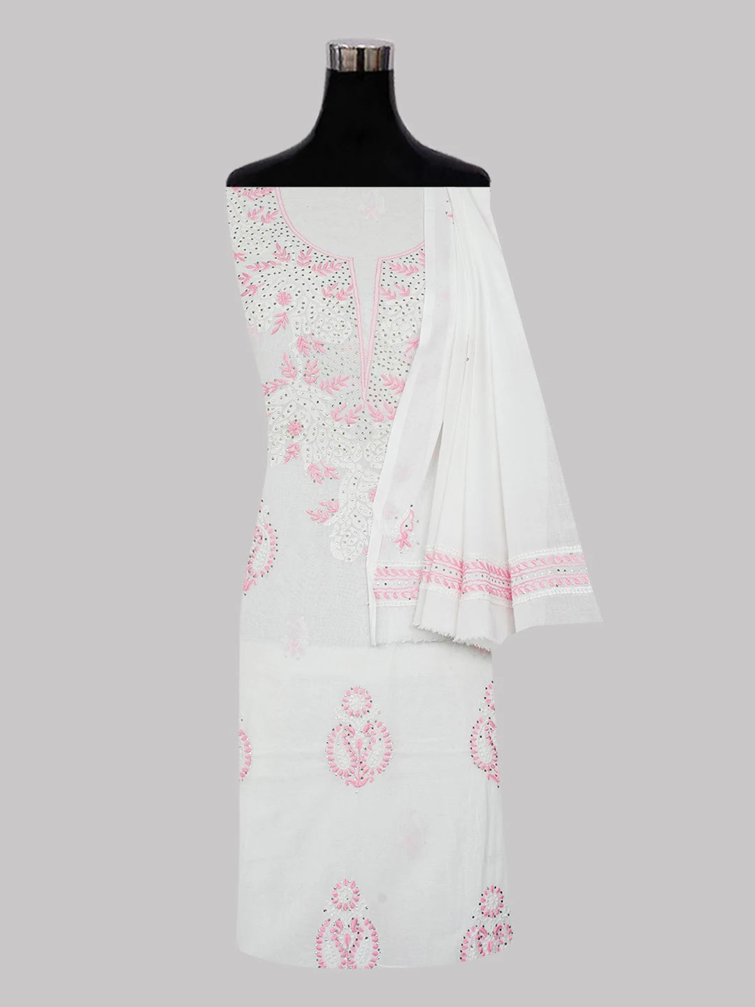 Ada Hand Embroidered White Cotton Lucknowi Chikankari Unstitched Kurta Dupatta Set With Muqaish Work 01A8289