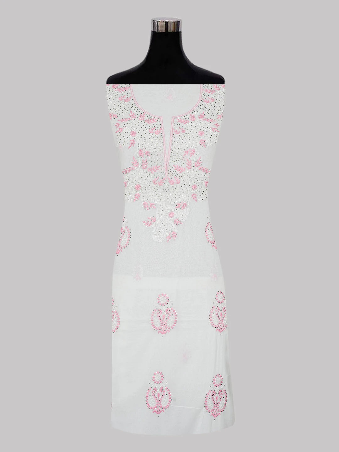Ada Hand Embroidered White Cotton Lucknowi Chikankari Unstitched Kurta Dupatta Set With Muqaish Work 01A8289