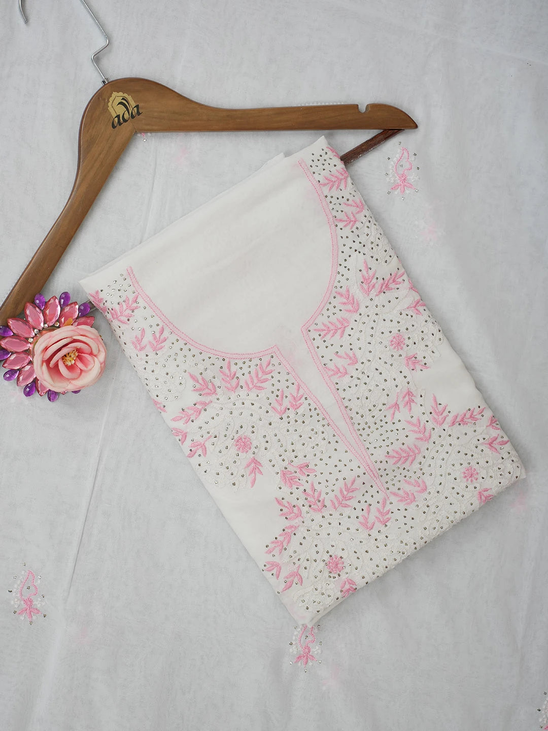 Ada Hand Embroidered White Cotton Lucknowi Chikankari Unstitched Kurta Dupatta Set With Muqaish Work 01A8289