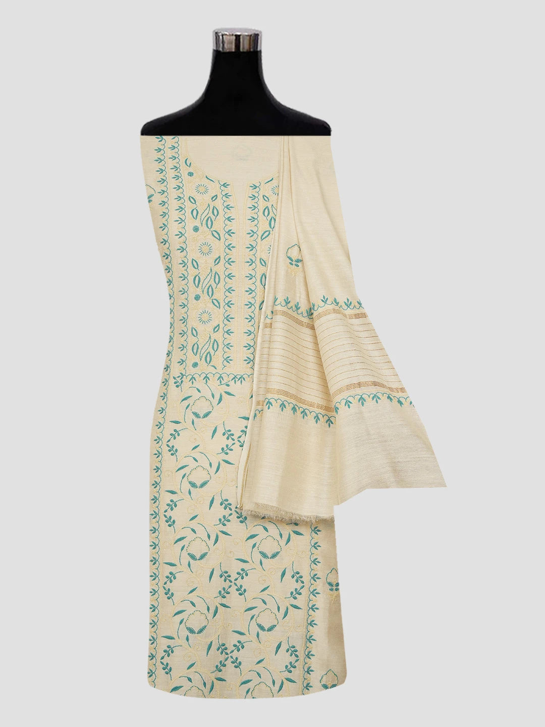 Ada Hand Embroidered Fawn Moonga Silk Lucknowi Chikankari Unstitched Kurta Dupatta Set 01A559401